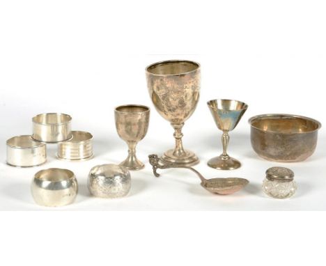 MISCELLANEOUS SILVER ARTICLES, TO INCLUDE NAPKIN RINGS, GOBLET, CADDY SPOON, ETC, VICTORIAN AND LATER, 8OZS 13DWTS (11)