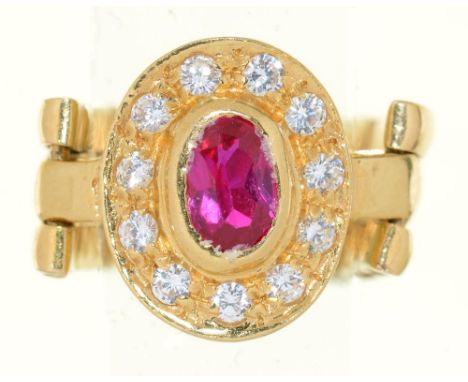 A RUBY AND WHITE STONE RING, IN GOLD MARKED 750,  MARK FOR VICENZA, ITALY, 6G, SIZE O