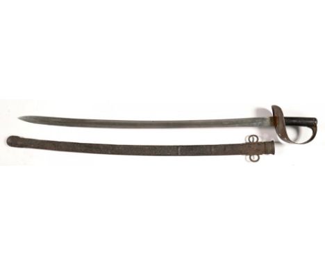 AN ENGLISH 1885 PATTERN CAVALRY TROOPERS' SWORD AND SCABBARD, BLADE 87CM, STAMPED BROAD ARROW AND OTHER MARKS AND NUMBERS 