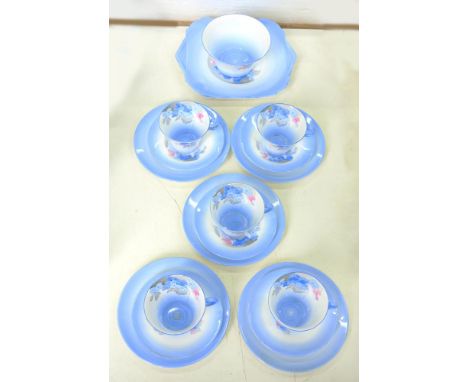 A SHELLEY PHLOX PATTERN TEA SERVICE OF REGENT SHAPE, PLATE 24.5CM OVER HANDLES, PRINTED MARK, PATTERN 12189, C1933