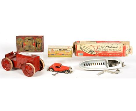 A MINIC CLOCKWORK TINPLATE VAUXHALL TOWN COUPE, BOXED, AN ENGLISH ALUMINIUM SILVER STREAK MODEL SPEEDBOAT, BOXED, A 1940'S TR