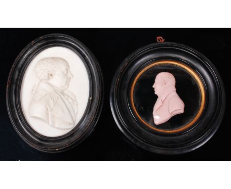 Thomas R Poole (d.1821) - pink wax relief portrait of a gentleman, dated 1814, 8cm, in later ebonised frame (a/f); together w