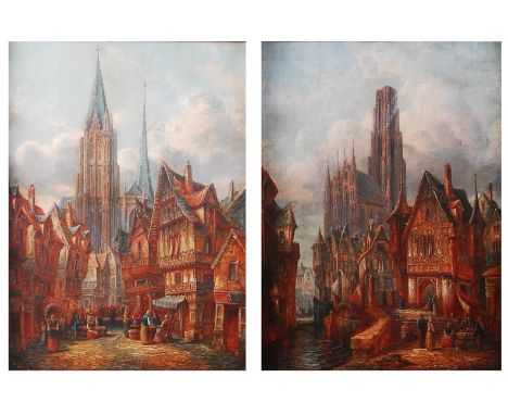 Alfred Bentley (1879-1923) - Pair; Street scenes at Marlaix in Brittany, and Caudebec in Sein-France, oil on canvas, both sig