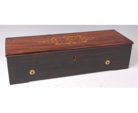 A late 19th century Swiss rosewood music box by Nicol Freres, the 13" cylinder playing eight airs, with printed songsheet, st