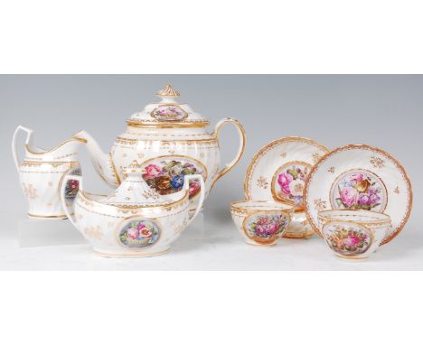 An early 19th century Chamberlains Worcester tea-for-two service, comprising; teapot (restored), twin handled sugar and cover