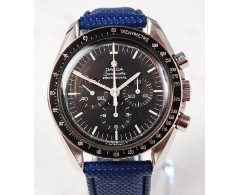 A gentlemans Omega steel cased Speedmaster Professional chronograph, the back cover engraved 'Flight Qualified by NASA for al