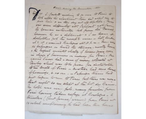 Hon. George Elliot, 42 page manuscript account of a visit to Paris, Feb 15th to Mar 2nd 1871 during the armistice to the entr