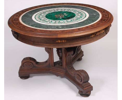 A 19th century Continental walnut and marble topped centre table of circular form, the centre inlaid with specimen marbles de