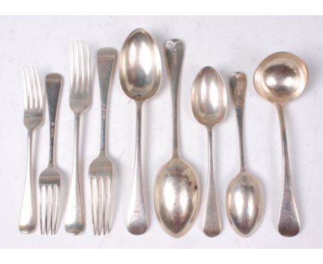 An Edwardian silver part cutlery suite, in the Old English pattern, comprising; nine tablespoons, twelve dessert spoons, twel