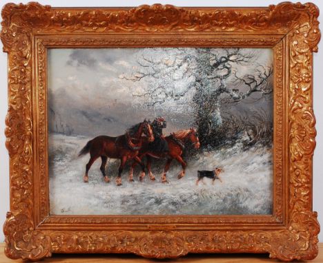 Thomas Smythe (1825-1906) - Figure with horses and dog in a winter landscape, oil on canvas, signed lower left (re-lined), 30