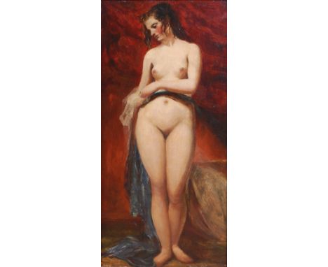 Attributed to William Etty (1787-1849) - Female Nude, oil on canvas-board, 65 x 30.5cm, gallery label verso for Williams & So