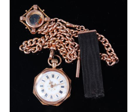 A circa 1900 continental 14ct gold cased ladies fob watch, having gilded white enamel dial, engraved back cover, and keyless 