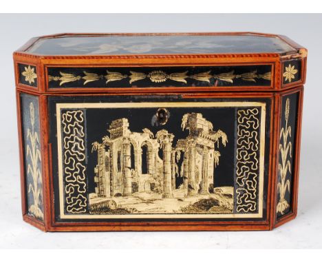 A George III mahogany chequer strung and glass inset tea caddy, of canted rectangular form, the front panel depicting classic
