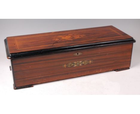 A circa 1900 Swiss rosewood cased music box, the 11" cylinder playing eight airs, with stop/change/repeat function, the case 