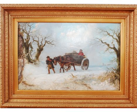Thomas Smythe (1825-1906) - Figures with horse and cart in a winter landscape, oil on canvas, signed lower left, 30 x 45cm   