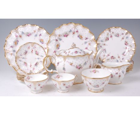 A Royal Crown Derby Royal Antoinette pattern six place setting tea service, comprising; teapot, sugar, cream, six teacups, si