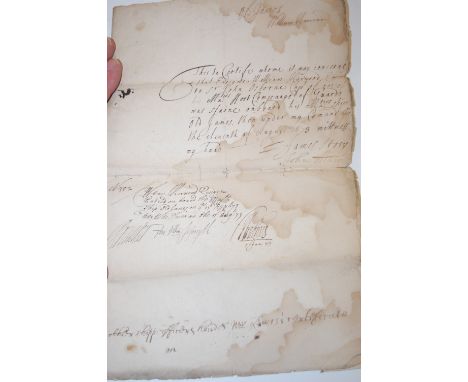 Six assorted 17th century manuscript documents, including a certificate signed by the commander of HM Ship Old James, stating