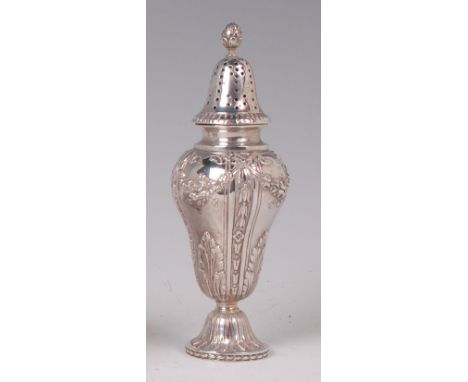 A late 19th century continental silver pedestal sugar caster, probably French, having finial topped and pierced dome cover, t
