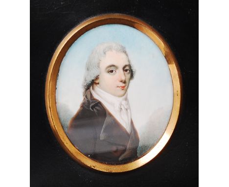 19th century English school - Head and shoulders portrait of a gentleman, wearing a silk scarf and black tunic, miniature wat