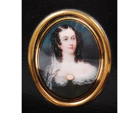 19th century English school - Bust portrait of a maiden, wearing a lace fringed dress, miniature watercolour on ivory, 7 x 5.