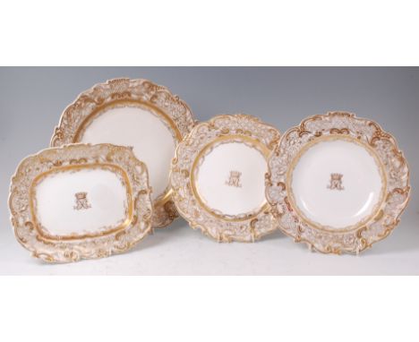 A Chamberlain & Co Worcester porcelain extensive part dinner service, 19th century, comprising; three meat platters, six larg