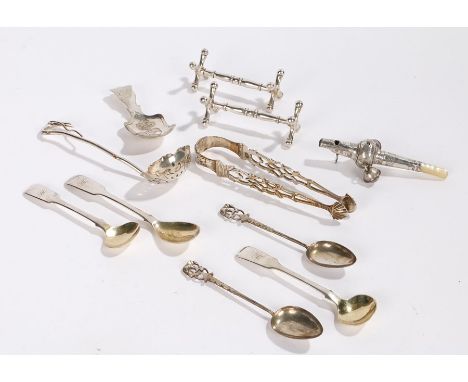 Silver and plated ware,, to include silver teething rattle, sugar tongs, caddy spoon, knife rests, condiment spoons etc. (qty