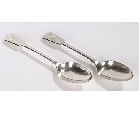 Pair of George III silver table spoons, London 1815, maker Paul Storr, the fiddle pattern handles initialled G, 5.3ozOne spoo