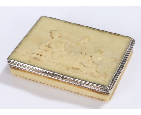 Late 17th Century silver mounted ivory snuff box, Circa 1680, the lid carved with a scantily clad maiden reclining on a mythi