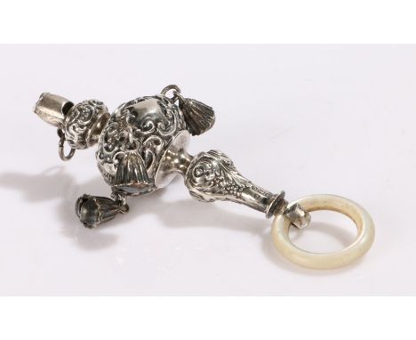 Edward VII silver baby rattle, Birmingham 1902, maker Crisford &amp; Norris, with mother of pearl teething ring, three bells 