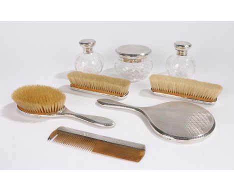 George V silver vanity set, London 1927/28, maker Mappin &amp; Webb, with Greek key and engine turned decoration, consisting 