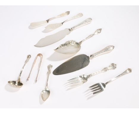 German silver flatware, to include butter knives, servers, ladle, slices, total weighable silver 10.5oz (10)