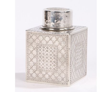 George V silver tea caddy, Birmingham 1916, maker Liberty &amp; Co Ltd, with diamond engraved cylindrical lid and square body