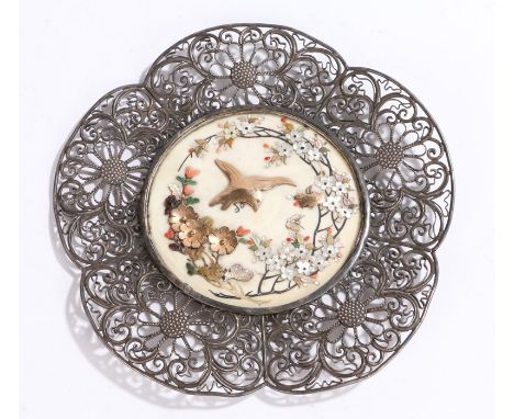 Japanese Shibayama and silver dish, the central ivory panel with bird and foliate decoration, housed in a foliate scroll deco