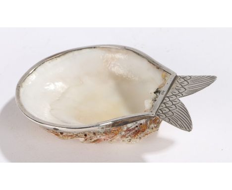 Unusual continental silver and oyster shell small dish/spoon, the silver handle in the form of a fish tale with scale decorat