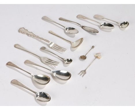 Silver flatware, to include condiment spoons, forks, George II and later teaspoons, small pickle fork with mother of pearl ha