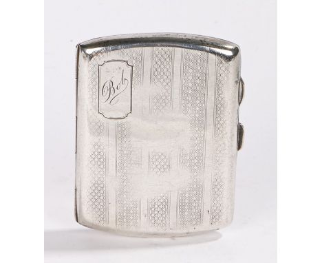 George V silver cigarette case, Birmingham 1923, maker Joseph Gloster Ltd, the engine turned exterior with shaped cartouche e