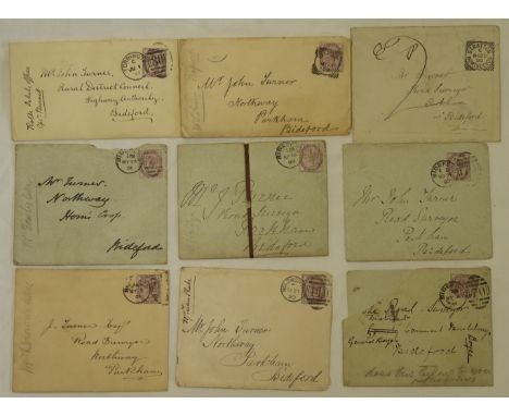 STAMPS 9 VICTORIA COVERS -BIDEFORD, TORRINGTON, HOLSWORTHY,BUDE & STRATTON TO J.TURNER HIGHWAY SURVEYOR FROM ROLLE ESTATE &OT