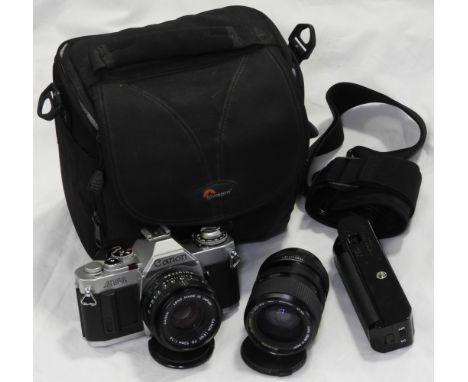 CANON AV-1 CAMERA, FD 50MM, MIRANDA 25-70MM MC MACRO LENSES & POWER WINDER  
