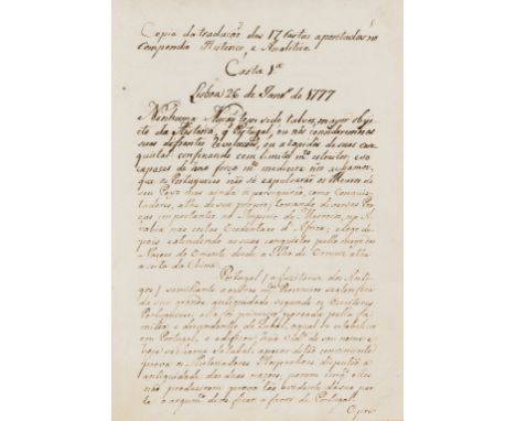 NO RESERVE Portugal.- Stephens (Philadelphia, attributed as writer or translator)] Copia de tradução das 17 Cartas apontadas 