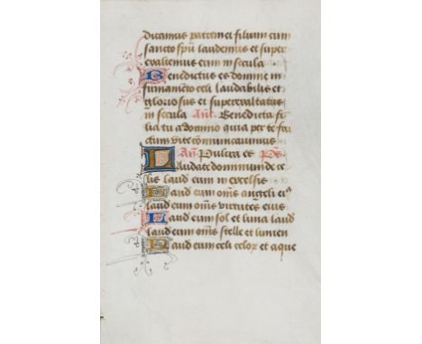 Book of Hours.- Leaf from a Book of Hours, manuscript in Latin, on vellum, Gothic bookhand, in black ink, 1 two-line initial 