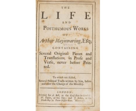 NO RESERVE Maynwaring (Arthur) The Life and Posthumous Works of ..., first edition, tiny manuscript ink number to title verso