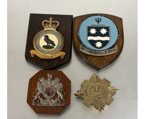Royal Scots cast brass gate badge 15.5cm together with an R.A.F. St Mawgan, USS, Brinkley Bass and a Royal Coat of Arms wall 
