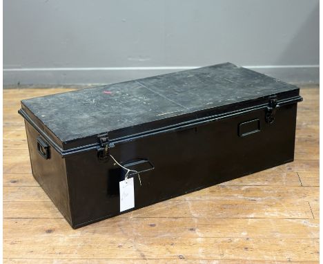 A metal trunk containing a foul weather cap, gas mask MK VI 1941, three further gas masks, mess tins and disposeable stoves, 