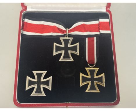 Germany post war Iron Cross set, Knight's Cross, Iron Cross 1st and 2nd class, silver plated, cased