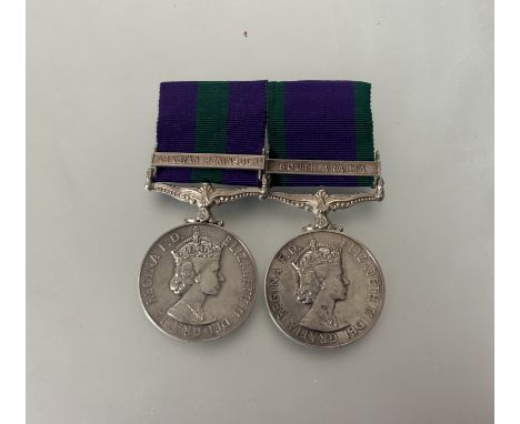 General Service medal pair. GSM. clasp ARABIAN PENINSULA and Campaign Service medal clasp SOUTH ARABIA 2345604S PTE. J.T. LIT