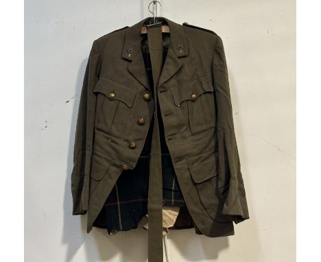 WWI Royal Scots Officer's tunic, brass buttons, bronze collar dogs B.JOHNSTON. DUBLIN label, MAJOR J.CLARK 28.17, together wi