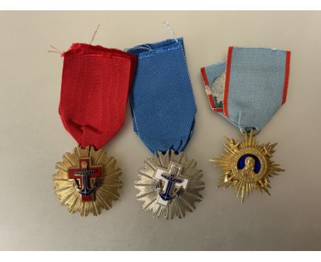 Peru:&nbsp; Order of Miguel Gray, Knight's breast badge, silver gilt, marked 925, Order of Naval Merit breast badges, one sil