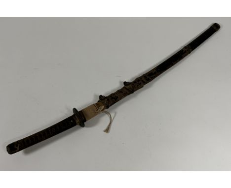 Japanese Samurai sword, bound sharkskin grip, gilded brass fittings, plain steel blade 68cm, sharkskin covered scabbard (a/f)