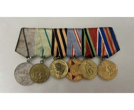 Russia/USSR: WWII mounted group of six. Medal for Courage (250236&nbsp;to reverse), Defence of Stalingrad, Patriotic War Vict