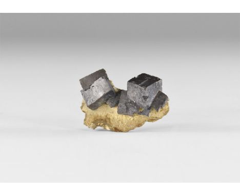 A group of six interlocking galena cubes on a limestone matrix, in white card tray with label reading: 'GALENA, Tr-State, USA